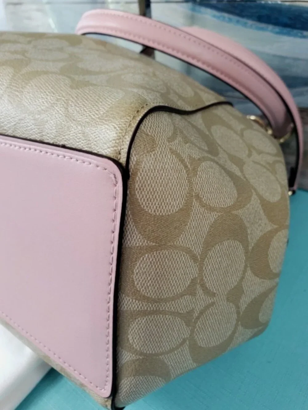 Coach Hallie Shoulder Bag In Signature Canvas Khaki / Pink Blossom F80298